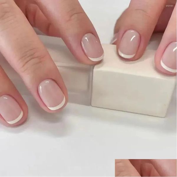 Falsas unhas 24 pcs moda curta redonda francesa borda branca fl er dicas de unhas destacáveis ​​falsas com adesivos de geléia entrega de saúde beleza otrmq