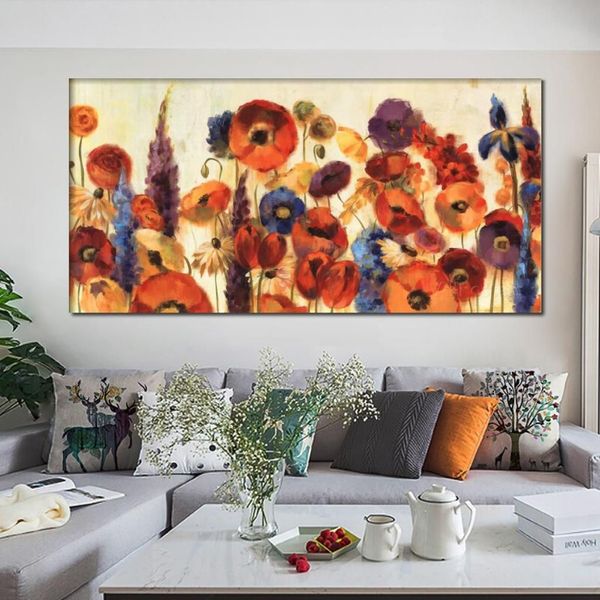 Decoração de parede flores pinturas de arte abstrata alegre jardim lona reprodução a óleo de alta qualidade pintado à mão arte moderna para offici223t