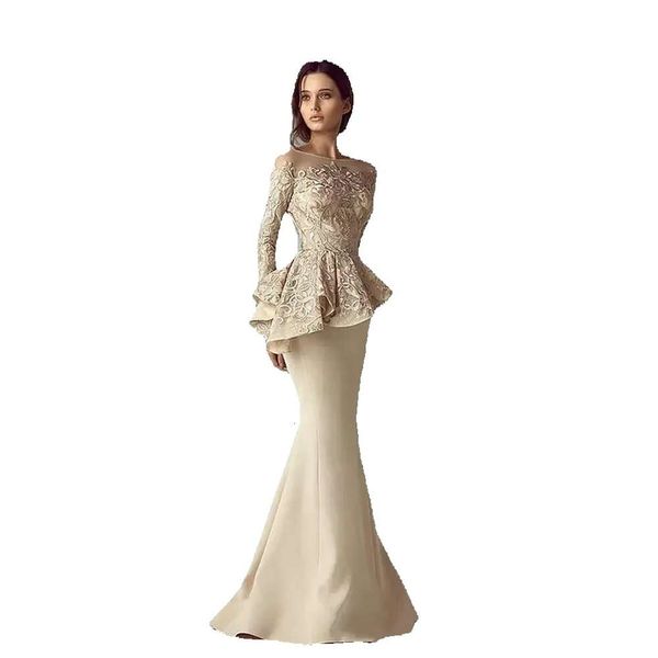 Noivo elegante A longa noiva de vestidos mãe Champgne renda Apliques de cetim sereia de casamento vestidos convidados jóia arabic plus size pro gg