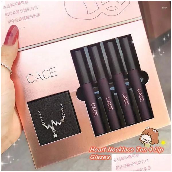 Lucidalabbra Cappuccio Smalto Rossetto liquido Collana Battito cardiaco rosso Set Tinta Bellezza Trucco Cosmetico Regalo di San Valentino Drop Delivery Salute Li Ot5I3