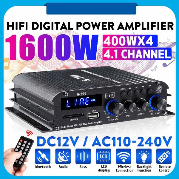 Alto -falantes 1600W 4.1 canal Bluetooth estéreo hi -fi Carro de home theater Amplificadores de som de áudio de áudio de áudio de som gestora de som Digital Amplificadores