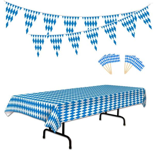 Tischdecke, bayerische Party-inspirierte Oktoberfest-Abdeckung, Streamer-Banner und Zahnstocher-Flaggen-Set, Kunststoffmaterial für den Innen- und Außenbereich