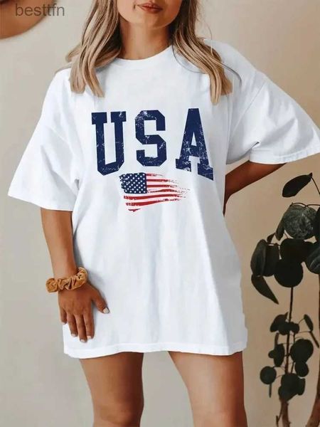 T-shirt da donna USA Stampa T-shirt da donna Casual Girocollo Lady Oversize Fe Abbigliamento Allentato Corto Sle T-shirt grafiche T-shirt moda Y2k Top 240311