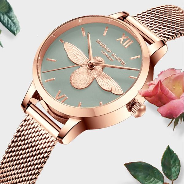 Hannah Martin Orologio da donna di lusso in oro rosa 31mm Classico vestito casual da ragazza Bracciale Set Orologio con quadrante ape inciso 3D 240305