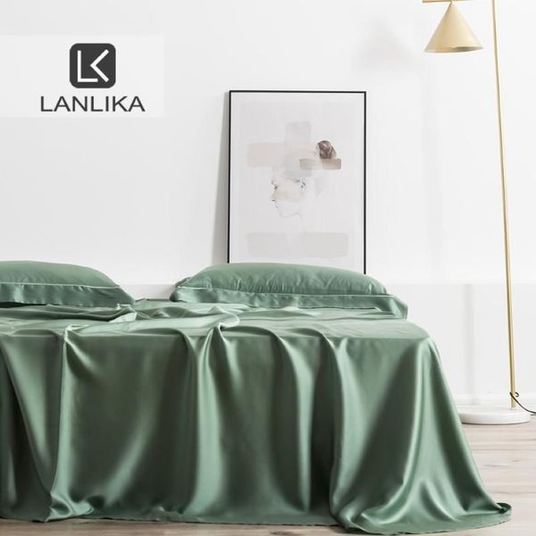 Conjuntos de lençóis Lanlika Verde Adulto 100% Seda 25 Momme Tecido Natural Roupa de Cama de Luxo Saudável Folha Plana Dupla Caso Euro Home Deco223I