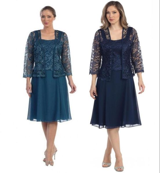 Azul marinho chiffon mangas compridas mãe do vestido de noiva com jaqueta vestidos de noite formais plus size chá comprimento noivo mãe dresse4320902