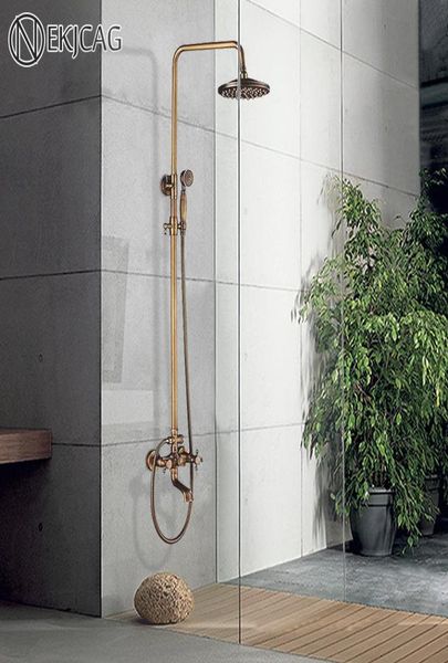Nekjcag material de bronze antigo conjunto torneira do chuveiro do banheiro dupla alça com prateleira misturador água fria chuvas cabeça sets9660990