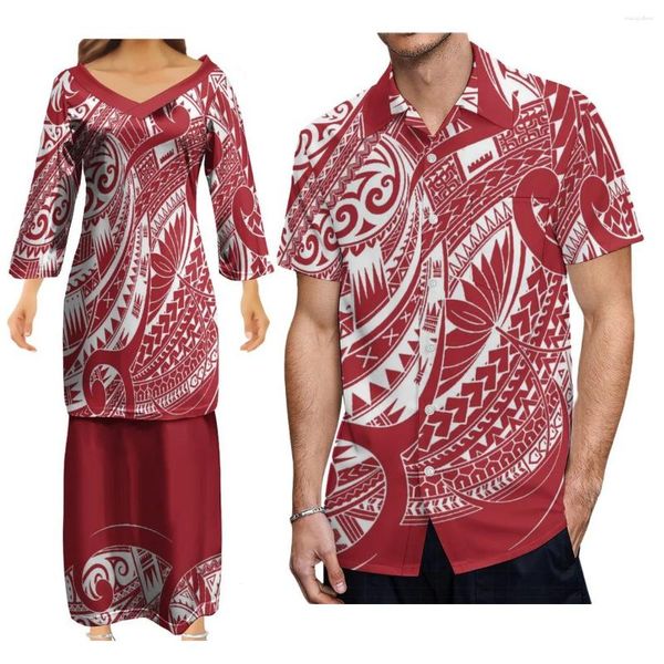 Vestidos casuais verão design de luxo respirável puletasi vestido havaiano polinésio tribal com homens aloha camisa par terno personalização