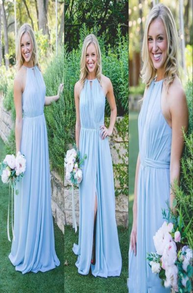 2019 Günstige Hellhimmelblaues Chiffon-Brautjungfernkleid mit Neckholder und bodenlangem Brautjungfernkleid8478654