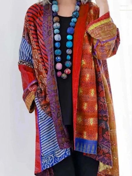 Malhas femininas vintage algodão linho solto estilo étnico impressão de malha cardigan tamanho grande manga longa casaco outono inverno retro camisola