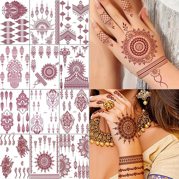12 fogli lotto tatuaggio all'henné impermeabile adesivi all'henné marrone per tatuaggi finti a mano donne body art design temporaneo adesivi Mehndi 240309