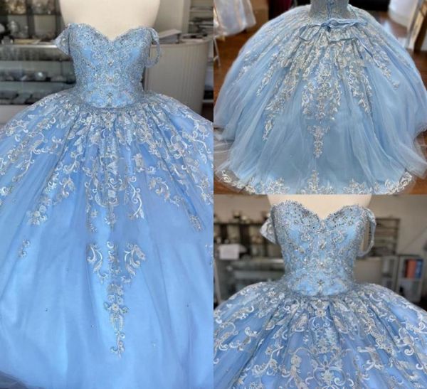 Bebê azul renda tule doce 16 vestidos fora do ombro floral applique tule frisado espartilho volta vestidos de baile quinceanera8576135