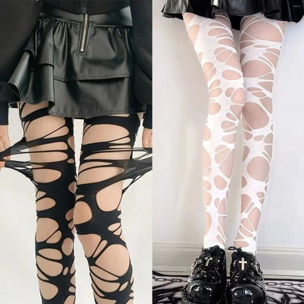 Calzini da donna Gotico Lolita Ragazze Nero Punk Strappato Strappato Collant cencioso Calze Intimo per feste Pantaloni corti Calze sexy traforate