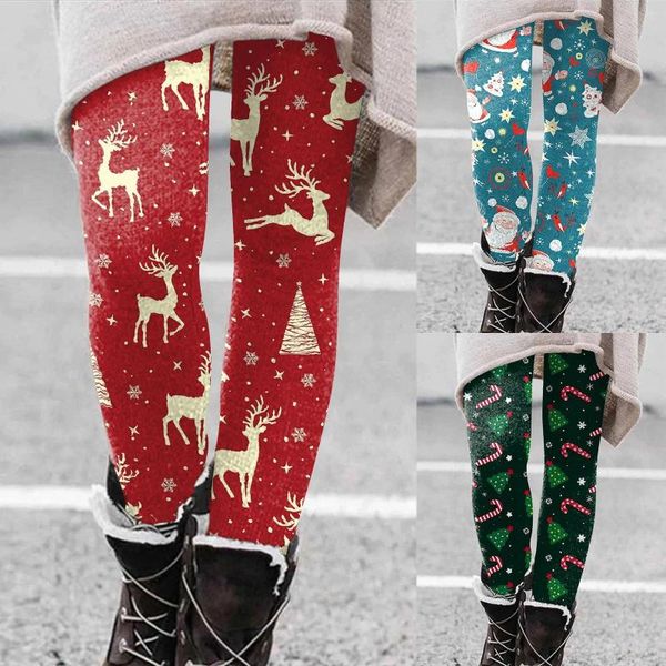 Leggings femininas moda confortável fino ajuste santa animal presente floco de neve impressão calças casuais amaciante de couro shorts de yoga