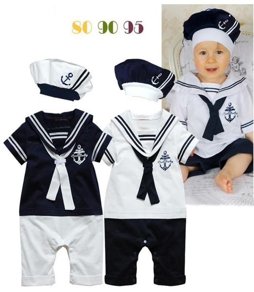 2019 Sommer-Baby-Strampler im Marine-Stil, Umlegekragen mit Krawatte, Kleinkind-Kostüm mit Hut, Kleidung für Neugeborene, 809095, 3 Stück, A8827691
