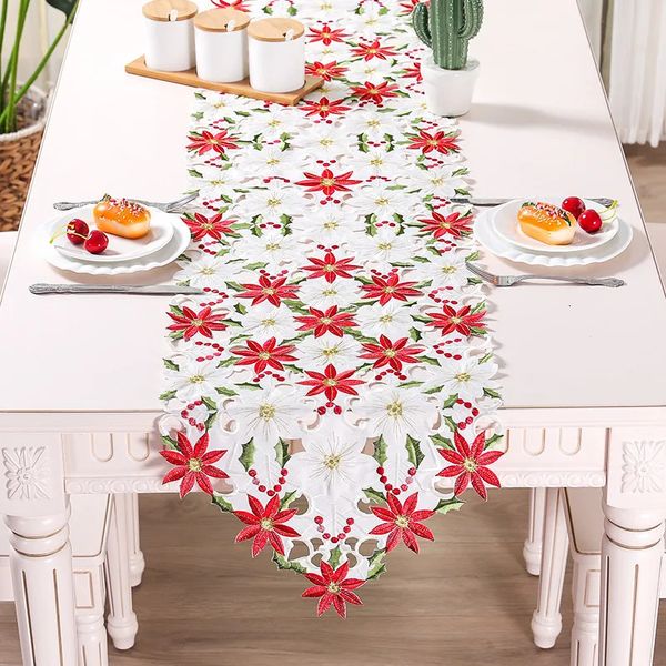 Elegante cetim bordado natal cama mesa corredor renda toalha de mesa para festa de casamento decoração vintage floral decoração de casa 240307