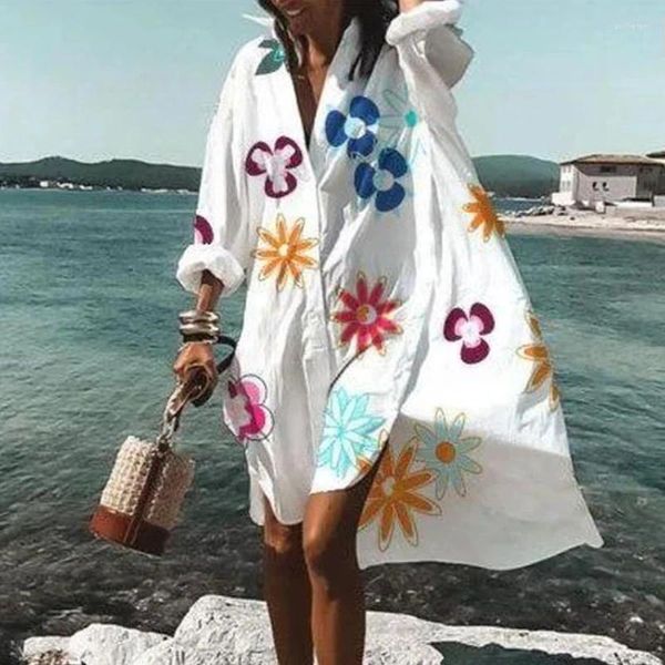 Vestidos casuais camisa oversized vestido mulheres verão botão de impressão manga longa solta praia feminina elegante boêmio férias sundress