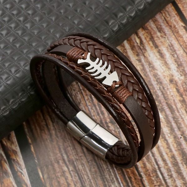 Aço inoxidável fecho magnético pulseira de osso de peixe camada marrom pulseiras de couro trançado genuíno pulseira manguito moda jóias