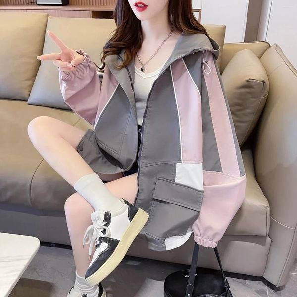 Frauen Jacken Mode Gestreiften Patchwork Farbe Passenden Mit Kapuze Lose Cargo Jacke 2024 Herbst Street Style Dame Parka Mäntel