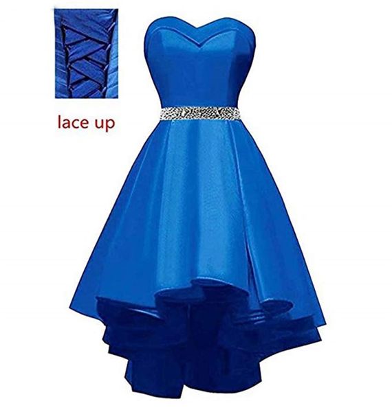 Blaue einfache High-Low-Abschlussballkleider mit Herzausschnitt, Perlenschärpe, Schnürung am Rücken, 8. Mädchen-Abschluss-Abendkleider, günstige kurze Cocktailparty, Pa2062871