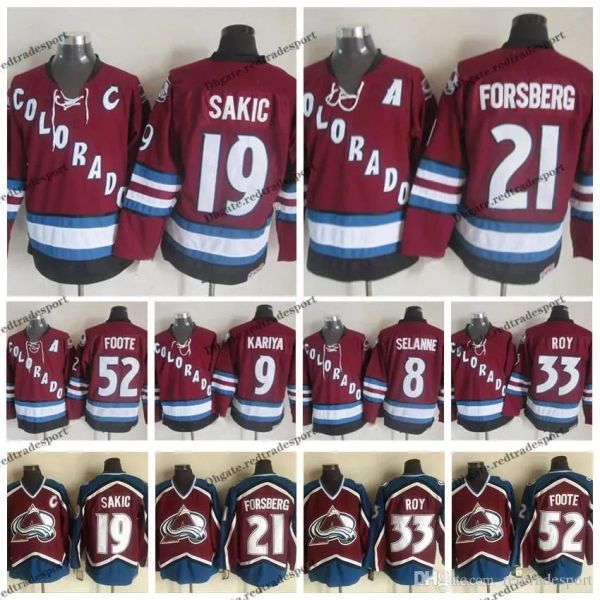 Özel Erkek Kadınlar Gençlik Vintage Colorado'''avalanchehokey Formaları 52 Adam Foote 21 Peter Forsberg 8 Teemu Selanne 9 Paul Kariya 19 Joe Sakic 33 Patrick Roy J