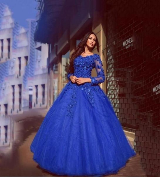 Mangas compridas azul real doce 16 vestidos quinceanera com flores artesanais com decote em v vestido de baile vestido de baile feito sob encomenda árabe formal w1032693