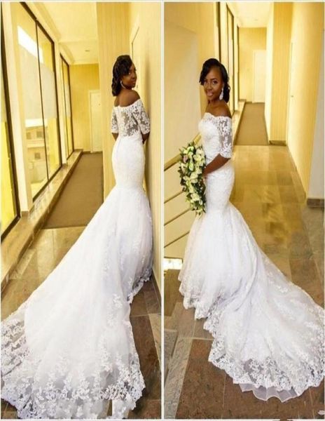 2019 Abiti da sposa arabi a sirena africana Plus Size Corte dei treni Vedere attraverso la schiena con spalle scoperte Mezza manica Abiti da sposa in pizzo3370157