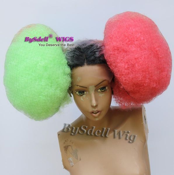 Promi Ciara Metgala Frisur Perücke synthetische Afro verworrene lockige zweifarbige rote grüne zwei Pony flauschige Haare Lace Front Perücken für Blac9284117