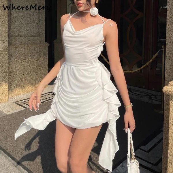 Lässige Kleider WhereMery Elegante sanfte Rüschen rückenfreies Minikleid Ästhetisches Sommer ärmelloses Neckholder-Weiß Sexy Low-Cut Tight Vestido