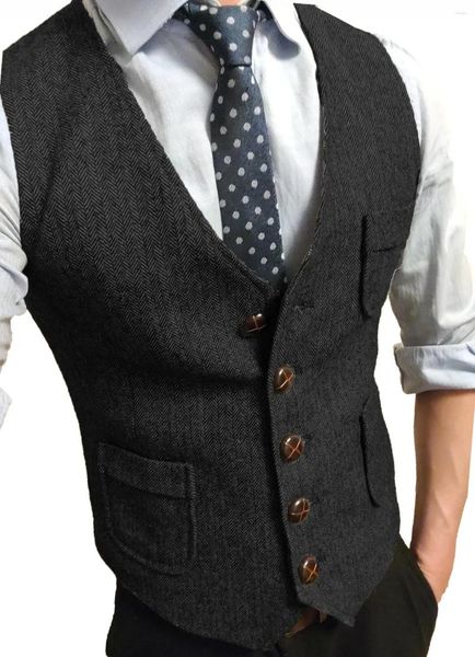 Coletes masculinos terno formal colete com decote em v tweed espinha de peixe vestido de negócios para casamento