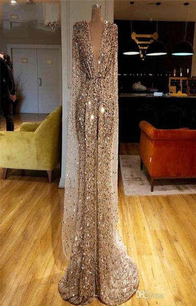Золотые блестящие платья выпускного вечера Арабский Дубай с блестками и бусинами с V-образным вырезом Вечерние платья русалки Роскошное пышное платье с длинными рукавами на заказ1923639