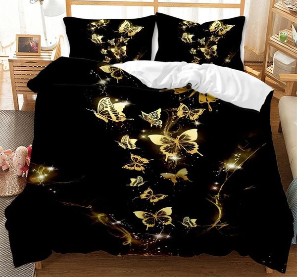 Gold Butterfly Bettwäsche-Set, luxuriöser schwarzer Bettbezug, 3-teilige Bettwäsche, 3D-gedruckte Tröster-Bettwäsche-Sets für Erwachsene, süßes Bett-Set 240306