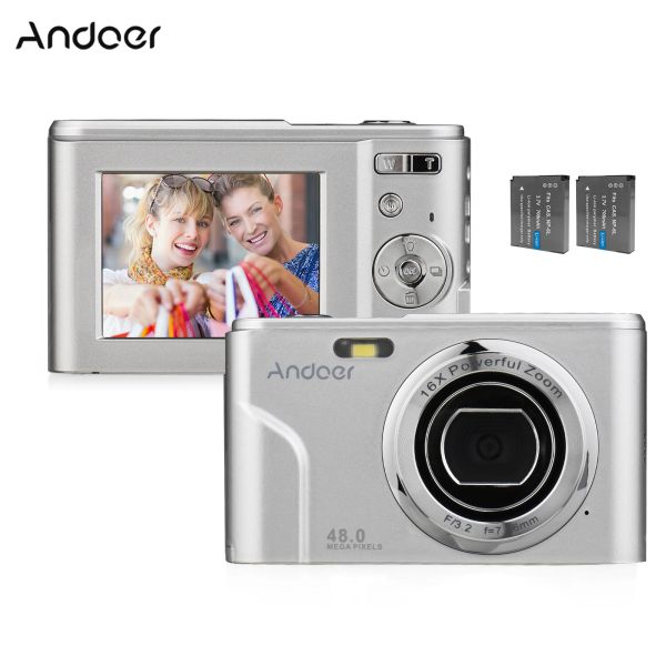 Taschen Andoer Digitalkamera 48MP 1080p 2,4 -Zoll -IPS -Bildschirm 16x Zoom Auto Focus Selftimer Gesichtserkennung Antichakking 2*Batterie