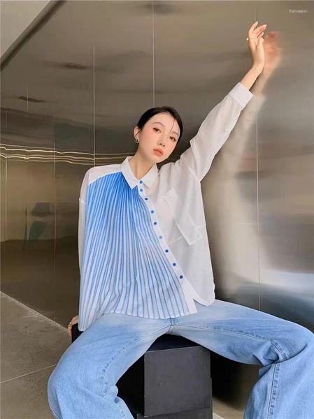 329 Beyaz Tasarımcı Kadınlar Yukarı Mavi Düğmesi Blouses Patchowrk Gömlek Kadınlar İçin Uzun Kollu Pileli Üst ve Bluz Yakalı