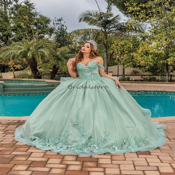 Splendidi abiti verdi da 15 anos Quinceanera 2024 Principessa con spalle scoperte 3D Florals Abito da sedicesimo compleanno Elegante spettacolo Vestido De Xv Para Sweet 16 Abiti da festa