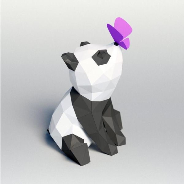 Dekorative Objekte Figuren DIY Kit Baby Panda spielt mit Schmetterling 3D-Papiermodell Handwerk Statue Skulptur Papercraft Schreibtisch Dec212U