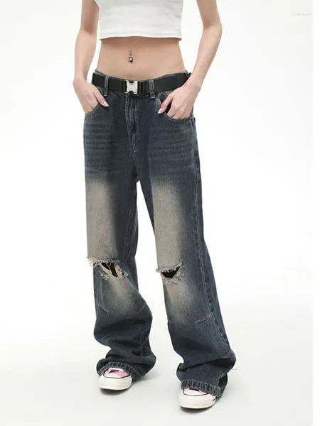 Damen Jeans Hole Design Persönlichkeit Blaue Hosen Amerikanische coole Mädchenboden hohe Taille Baggy weibliche Denim-Weitbein-Hosen