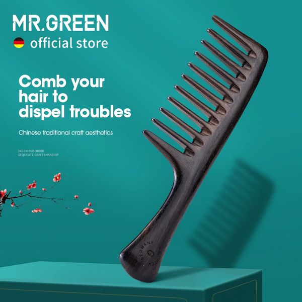 verde pente de madeira natural dente largo pentes de cabelo molhado anti-estático estilo pente para cabelo longo cabeça acupuntura ponto massagem 240323