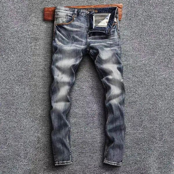 Jeans masculinos moda designer homens na moda calças de alta qualidade retro azul elástico fino ajuste vintage casual denim calças hombre