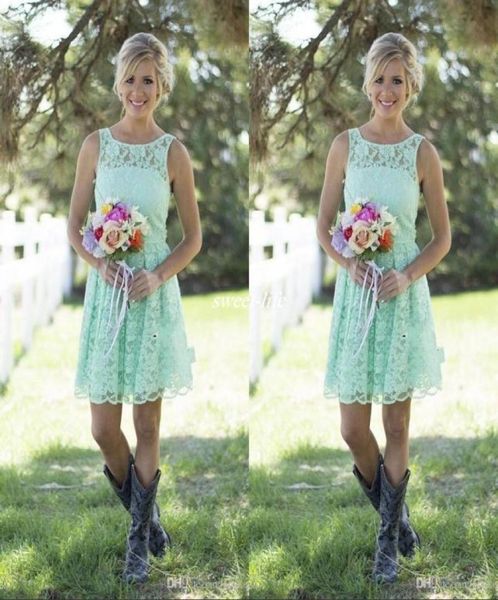 2019 Country Mint Green Lace Short Mini Brautjungfernkleider Formelles Kleid für Junior- und Erwachsene Brautjungfern knielange Hochzeitsfeier 5418166