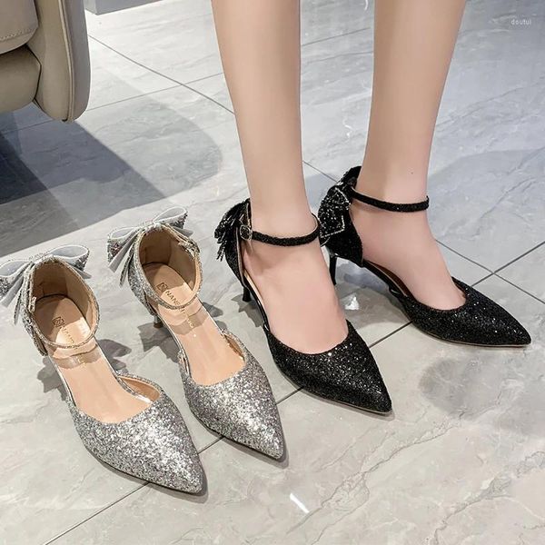Модельные туфли, блестящие туфли-лодочки с блестками, женские серебристые туфли на высоком каблуке с бантом, женские роскошные пикантные блестящие тонкие свадебные туфли