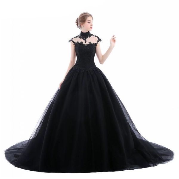 2019 Balo Gown Siyah Gotik Gelinlik Yüksek Boyun Dantel Tül Korse Dantel Up Sırt Kadınlar Beyaz Gelin Gowns Renkli Custo252p