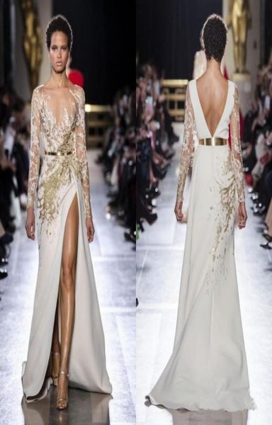 Nuovi abiti da sera a sirena con spacco diviso Elie Saab Perline con paillettes Abiti da ballo con applicazioni di pizzo Sweep Train Abito da festa a maniche lunghe9913538