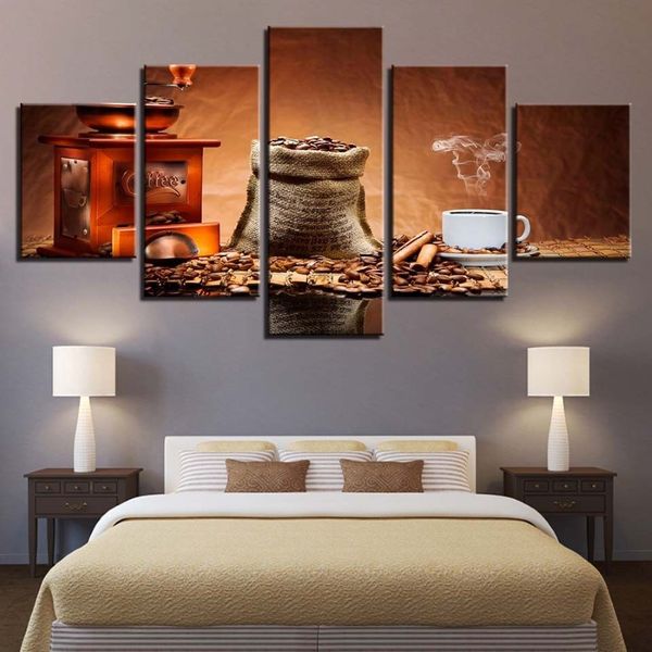 Moderna decoração de casa fotos em tela impressões hd 5 peças grãos de café pintura café aroma copo cartaz restaurante arte da parede sem moldura323e