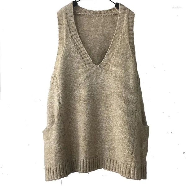 Damenwesten Mädchen Vintage Lange Khaki Strickwaren Sexy V-Ausschnitt Lose Strickweste Plus Size Strickweste Ärmelloser Mantel Frauen Winter