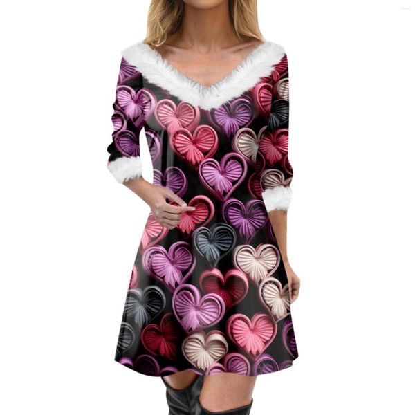 Vestidos casuais moda feminina com decote em v vestido fino dia dos namorados amor impresso manga longa min inverno vestidos de gala mujer