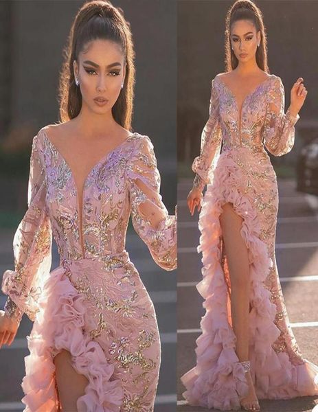 Nova chegada rosa vestidos de noite sexy split appliqued rendas contas vestidos de baile ruched tule varredura trem sereia vestidos de festa pageant6567476