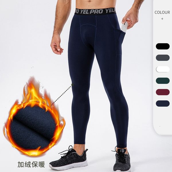 Mens outono e inverno calças de fitness de pelúcia calças de treinamento bolso pro apertado elástico correndo calças 220608