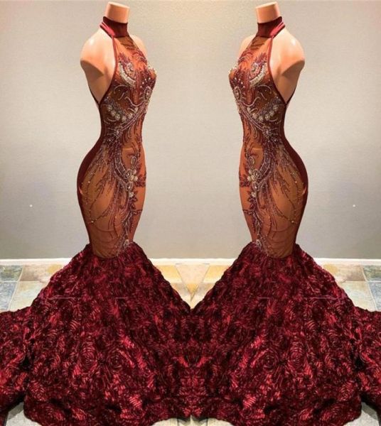 2020 Abiti di ballo di sirena africani Burgundy Long High Neck perline per perline di cristallo Flowers Women Sexy Pageant Party Gowns 9882247