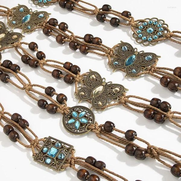 Cinture stile bohemien farfalla acqua diamante intrecciato etnico fatto a mano perline di legno cintura da donna casual vacanza corda in vita